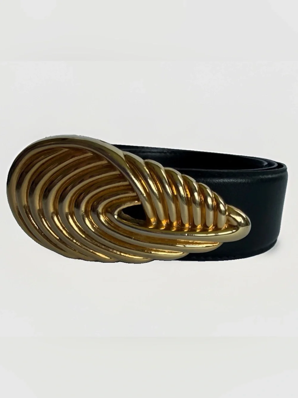 VTG R&R Black Genuine Leather Belt Gold Swirl Statement Buckle S